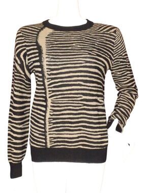 A.L.C. Sweater, S, Wool, Tan/Black Zebra stripes, Split/open back, Long sleeve